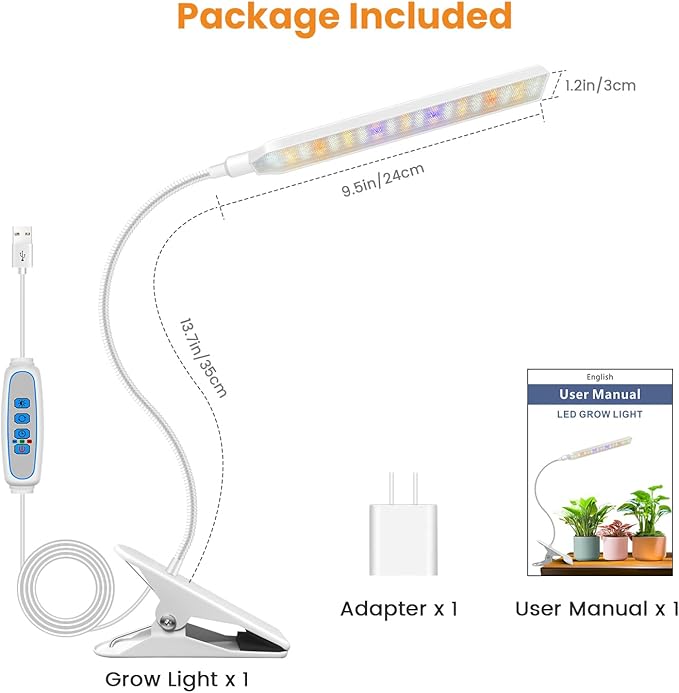 Kullinss Grow Lights for Indoor Plants with Clip, 10W 57 LEDs White Plant Lights for Indoor Growing with 6/12/16H Timer, 3 Color Modes, Full Spectrum Sunlike Plant Growing Lamp for Bonsai, Herbs