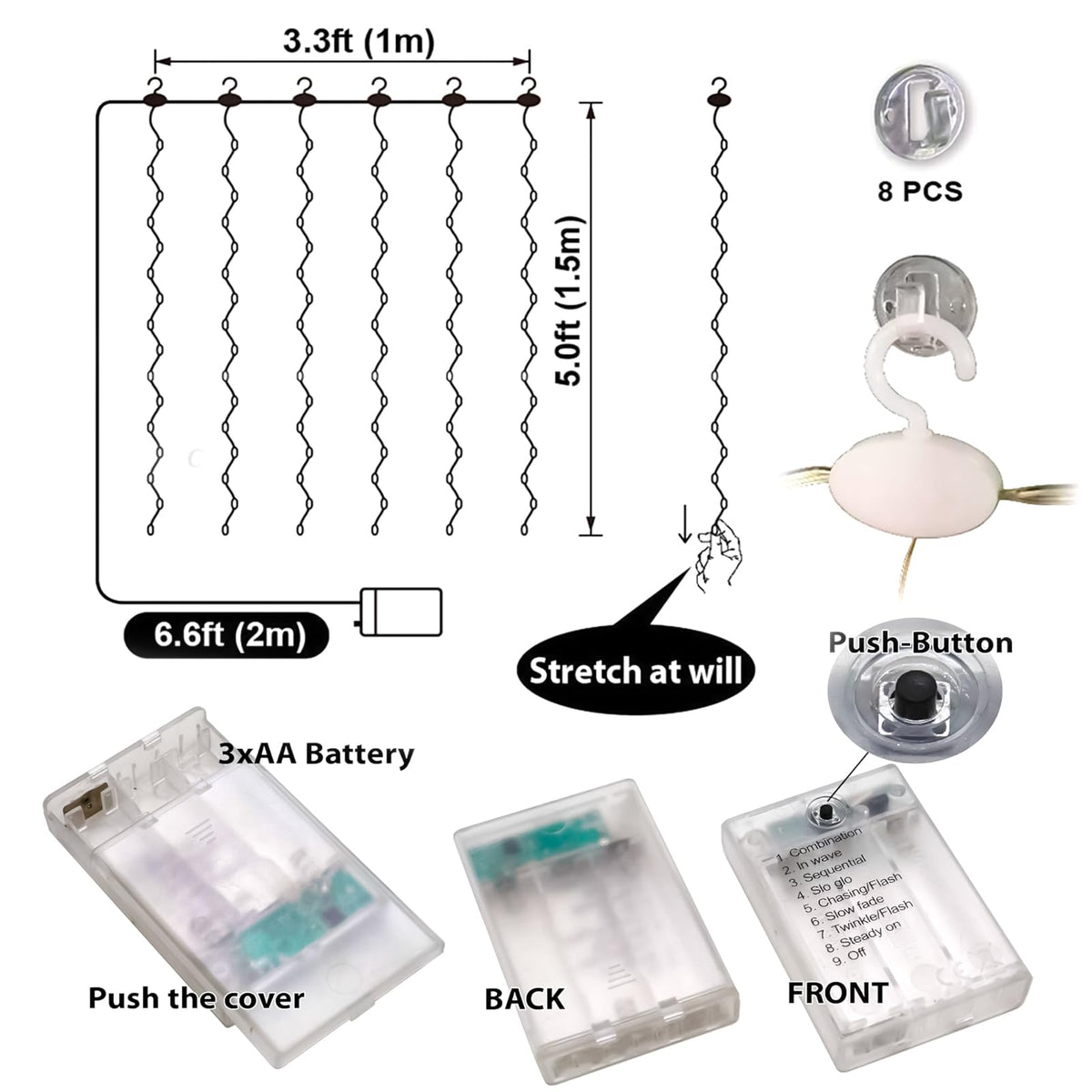 HXWEIYE Short Curtain Lights, 3.3x5FT 96LED, Battery Powered, Timer