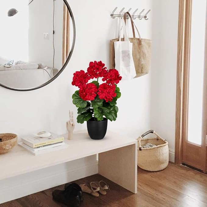 Briful 16” Geraniums Artificial Flowers Realistic Potted Plant – Red Fake Geraniums for Outdoors, Artificial Outdoor Plants for Indoor Home Decor, Farmhouse Table Centerpiece Decoration
