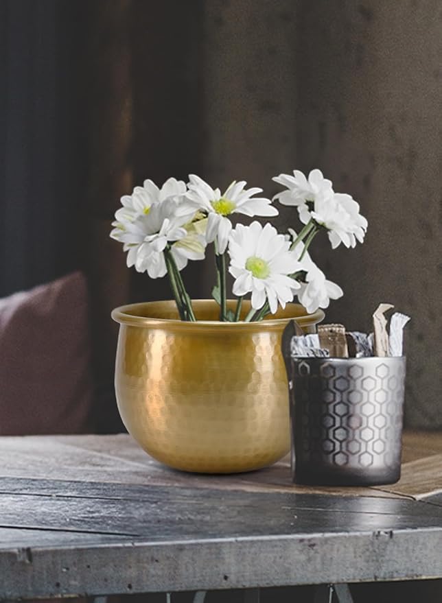 Serene Spaces Living Gold Brass Look Vintage Aluminum Vase - Perfect Decorative Accent for Plants, Weddings, and Events, Metallic Pot for Home, Small, Measures 6.75" Diameter and 5" Tall