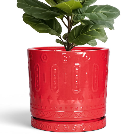 Eightpot 12 Inch Pots for Plants, Ceramic Pots for Plants Indoor Outdoor, Round Flower Pot with Drainage Holes and Saucers, Modern Decorative Planter, Home Porch Decor, Gardening Gifts, Red