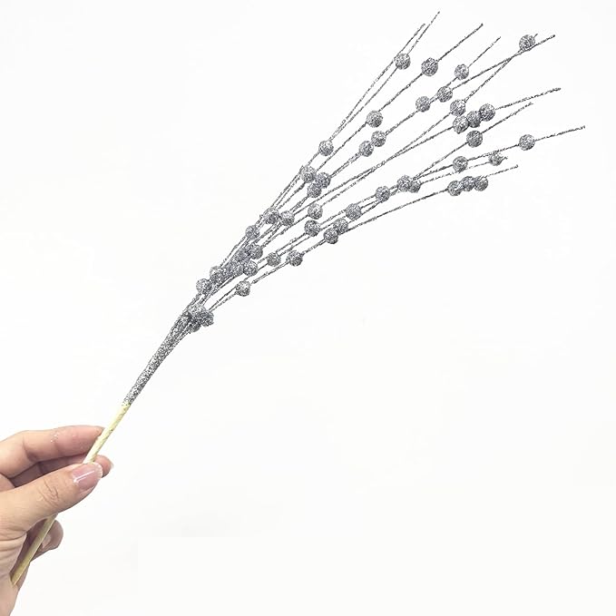 Artificial Berries Stems Ornaments 17 Inch, Sparkling Christmas Tree Picks, Glittery Berry Stems Fake Plant Picks and Branches for Xmas Wreath Ornaments Holiday Home DIY Decor - Silver 10 Pack