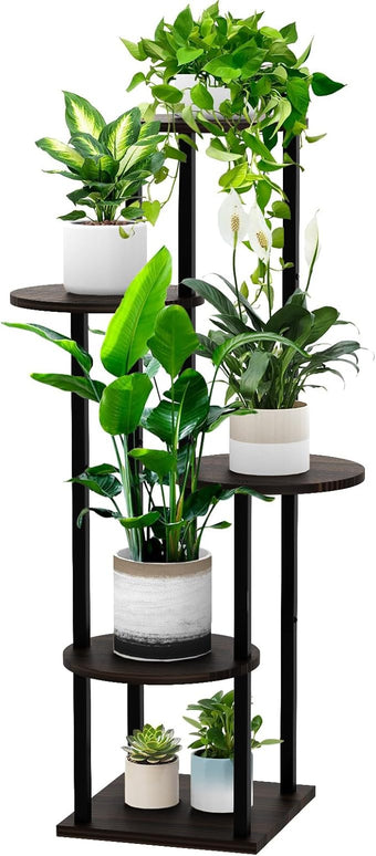 YOCOMEY 5 Tier Wood Tall Plant Stand Metal Rack Indoor, Multiple Flower Pot Holder Shelves Corner Rack, Round Planter Shelf Display Rack Storage Organizer for Patio Living Room Balcony(Black Oak)