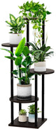 YOCOMEY 5 Tier Wood Tall Plant Stand Metal Rack Indoor, Multiple Flower Pot Holder Shelves Corner Rack, Round Planter Shelf Display Rack Storage Organizer for Patio Living Room Balcony(Black Oak)