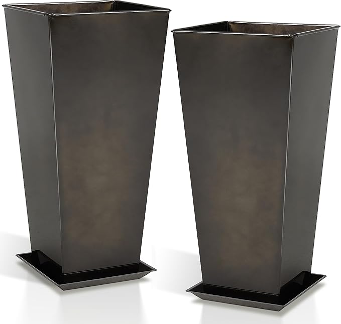 Worth Garden 25" Large Metal Glazed Planter Set of 2, Luxurious Glossy Finish Black Tall Square Tapered Steel Plant Pots, Decor Flower Pot Indoor & Outdoor, Drainage Hole & Dual-Purpose Plant Saucer