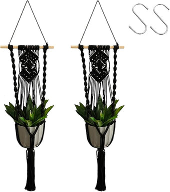 Artilady Black Plant Hanger Macrame Hanging Planter for Indoor Boho Plants Holder with Hooks Hanging Plant Basket Outdoor Window Wall Plants Home Decor (Black Wood Hanger)
