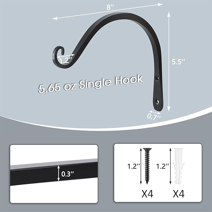 Gtongoko 2 Pack 8 Inch Plant Hangers Outdoor Metal, Plant Hooks for Wall Indoor, Outdoor Hooks for Hanging Bird Feeders, Plant Bracket, Lanterns, Wind Chinme, Black