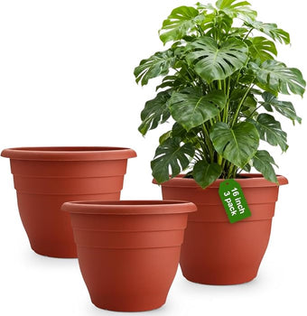 RooTrimmer 3 Pack Large 16 Inch Plastic Plant Pots for Outdoor Plants,Durable & Lightweight Flower Pots with Drainage Holes,Weather-Resistant Large Planters for Patio Garden(Brick Red)