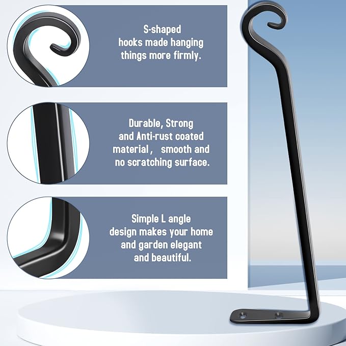 FEED GARDEN 15 Inch 2 Pack Hand-Forged Hanging Plant Bracket Heavy Duty Metal Plant Hangers for Outdoor Hanging Bird Feeders Lanterns Wind Chimes Black