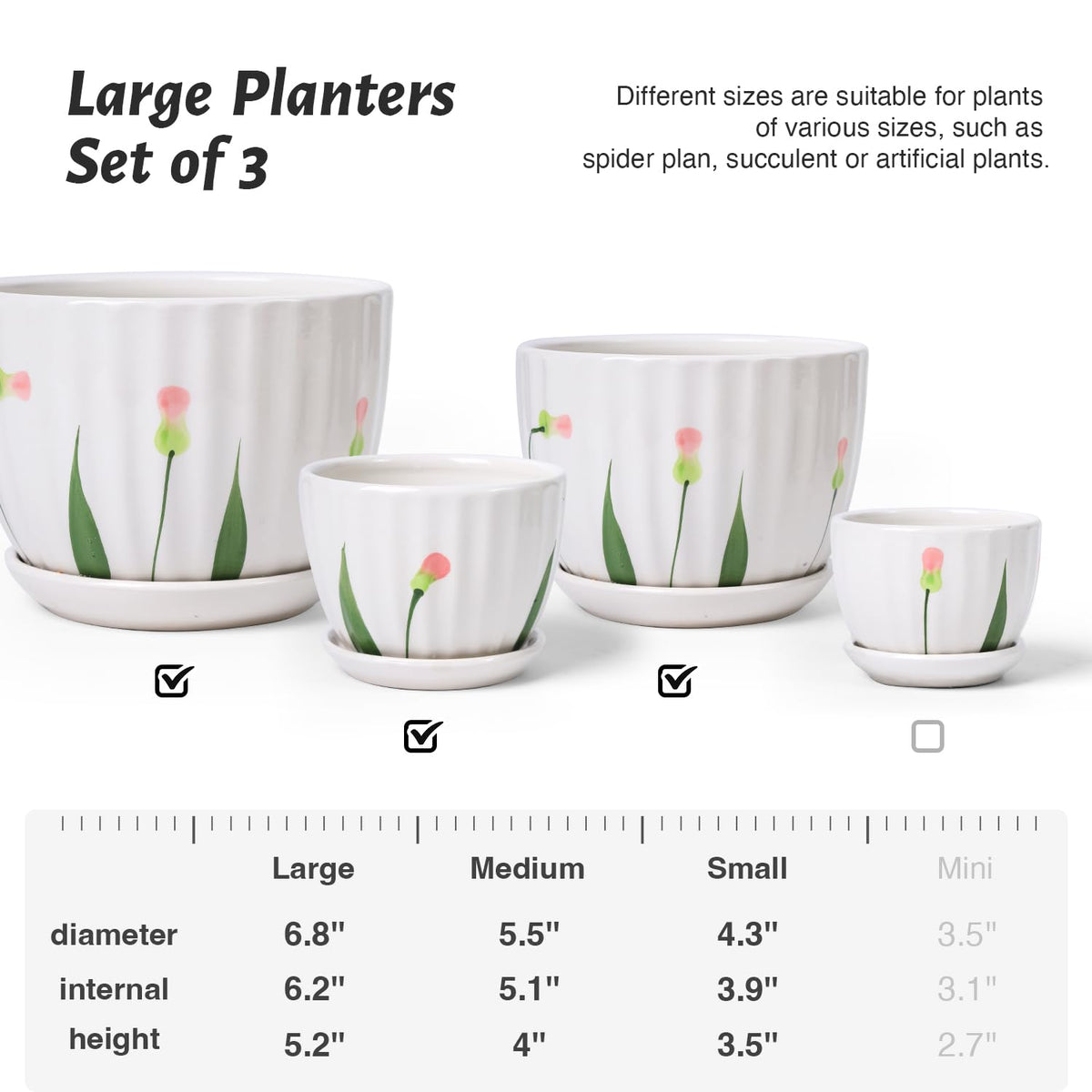 STHIE 4/5/6 Inches White Ceramic Plant Pots with Drainage Holes and Saucer