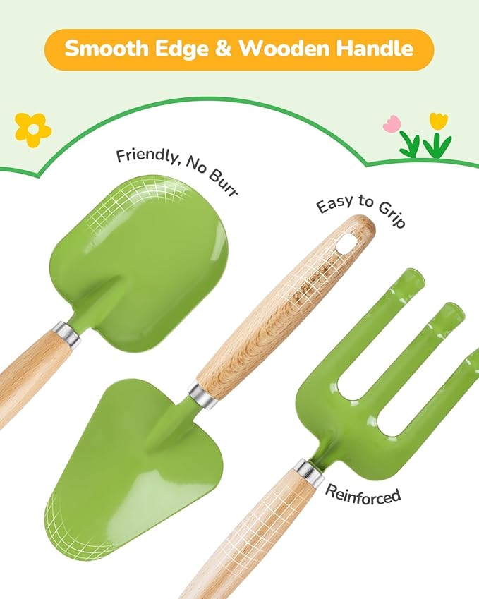 Kids Gardening Set Toys, Quality Garden Tool Kit for Kids and Toddlers, Includes Two Shovels, Garden hat,Rake, Apron,Gloves, Watering Can, and Tool Bag (Green)