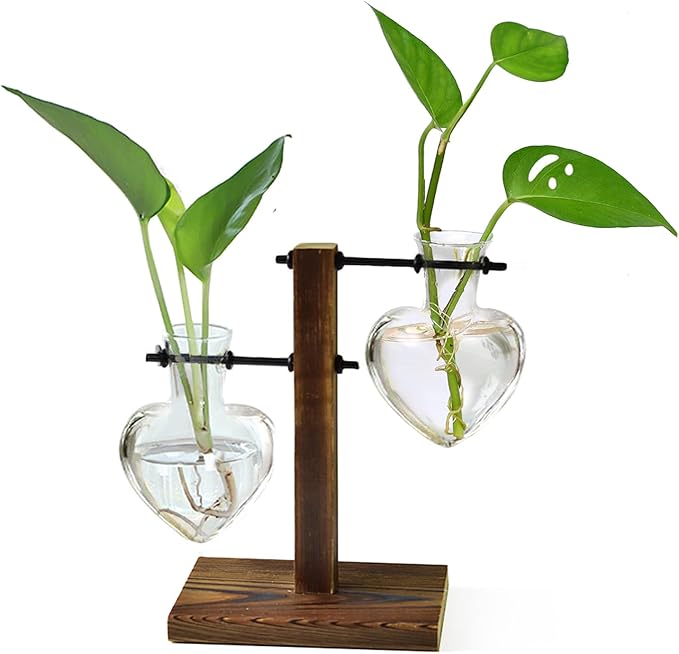 XXXFLOWER Plant Terrarium Wooden Stand, Hydroponic Planter Bulb Glass Metal Swivel Holder Retro Air Plants Water Plants for Home Office Decoration,Gifts for Plant Lover Wife Mom- 2 Love Bulb Vase