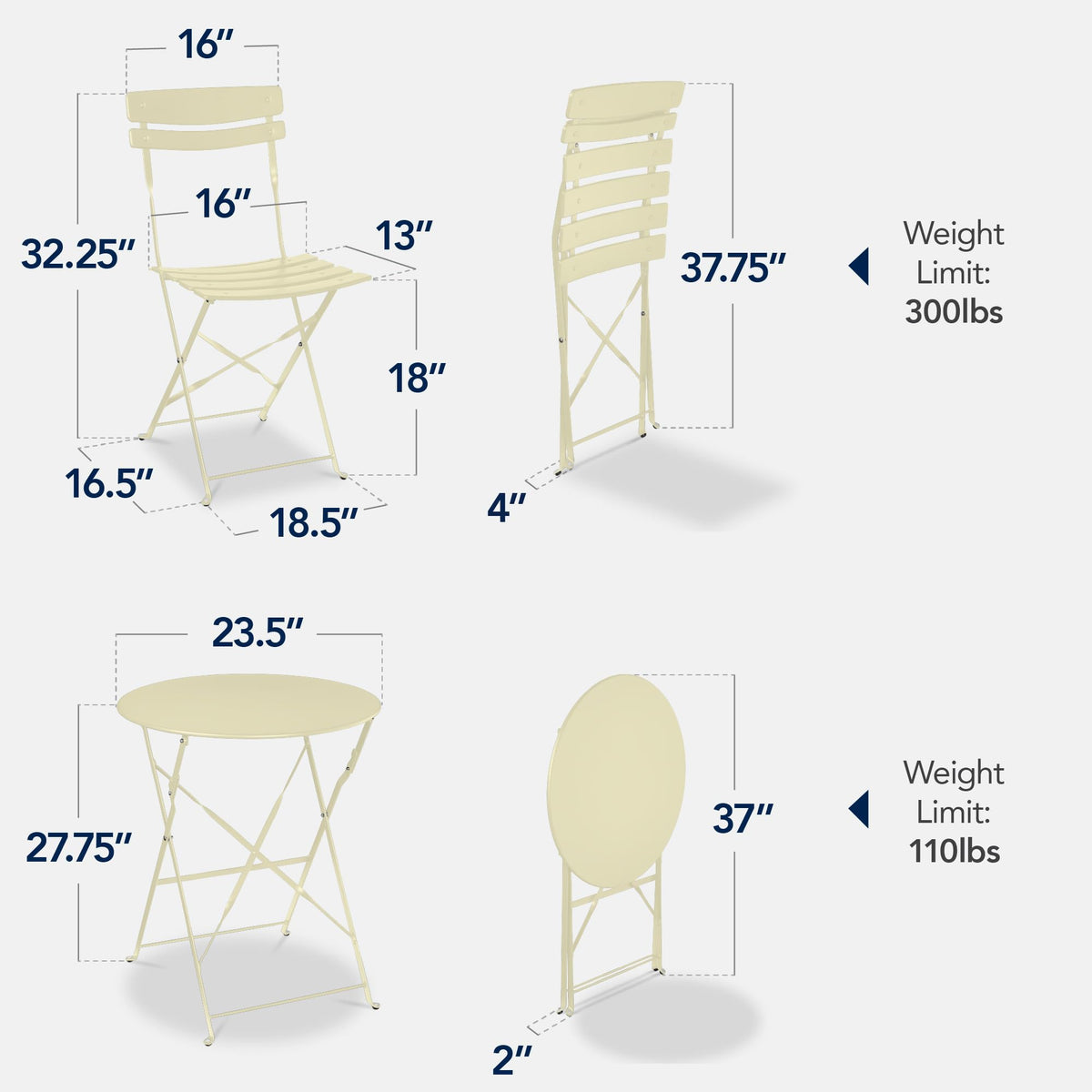Best Choice Products 3-Piece Bistro Set, Space Saving Folding Design, Solid Steel, Outdoor Patio Furniture Set w/ 2 Chairs, Bistro Table - Cream