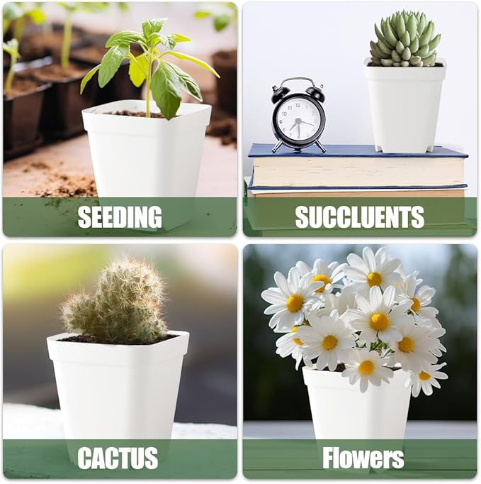 80 Pcs Nursery Pots 4 Inch, Plastic Seed Starting Pot with Drainage Holes, Small Sturdy Seedling pots for Planting, Succulents, Transplanting, Cuttings (White)