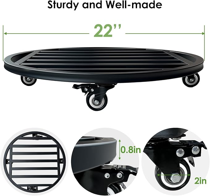 Hongsane 22" Round Plant Stand with Wheels Heavy Duty,Large Metal Plant Caddy Indoor Outdoor Use,Rolling Plant Dolly with Industrial Casters,Rust-Proof Black Plant Tray for Large Planters Pots,2-Pack