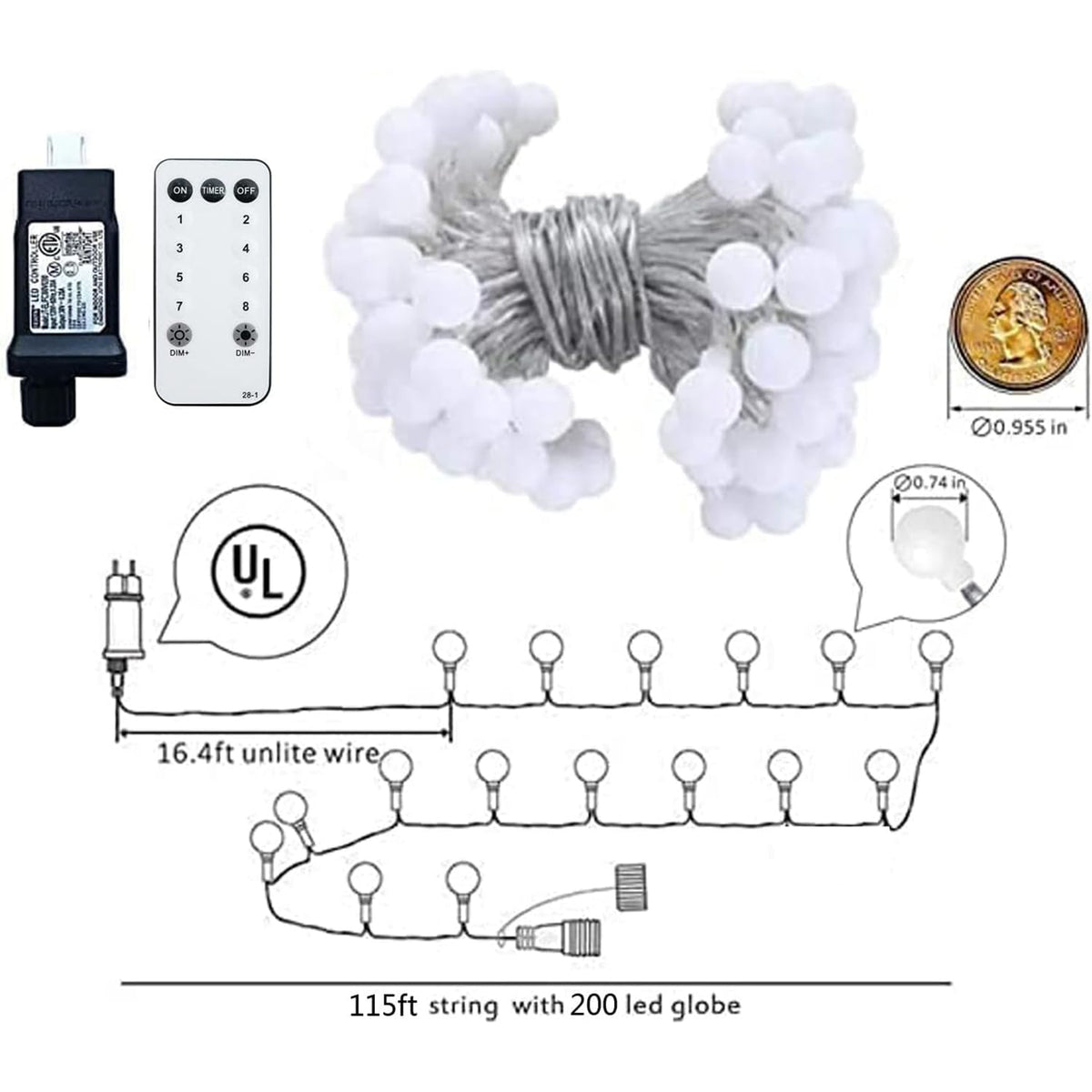 115ft Plug in Globe String Lights with Remote for Indoor Warm White