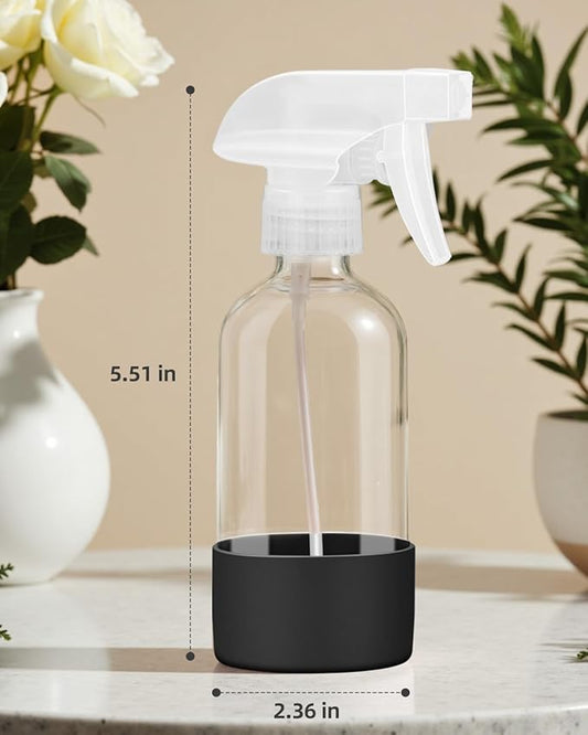 2 Pack Glass Spray Bottles 8 oz, Empty Refillable Containers with Silicone Sleeve Protection, Glass Spray Bottles for Cleaning Solutions, Hair and Plants with Adjustable Nozzles Black