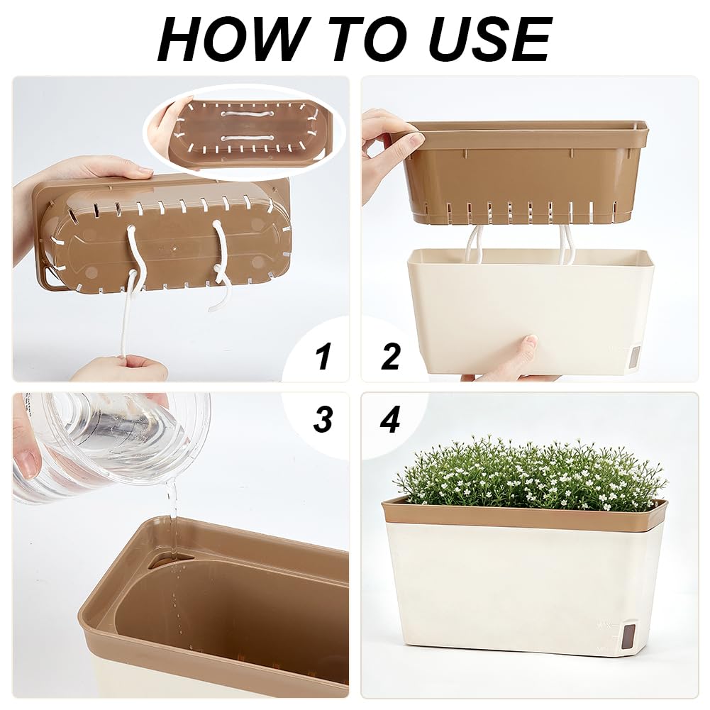 PH PandaHall 6 Sets Window Herb Planter Box Self Watering Plant Pots, 10.6 Inch Rectangular Flower Pots with Water Level Indicator for Windowsill Patio Garden Flowers Seedlings