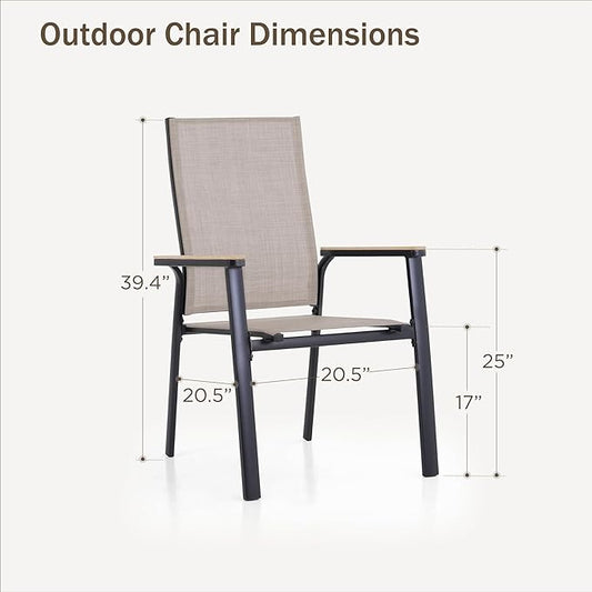 PHI VILLA Outdoor Stackable Chairs, Patio Chairs Set of 6, Light Weight Aluminum Frame with Textilene Fabric & Wood Armrest, High Back Deck Chairs for Poolside Lawn Garden, Beige