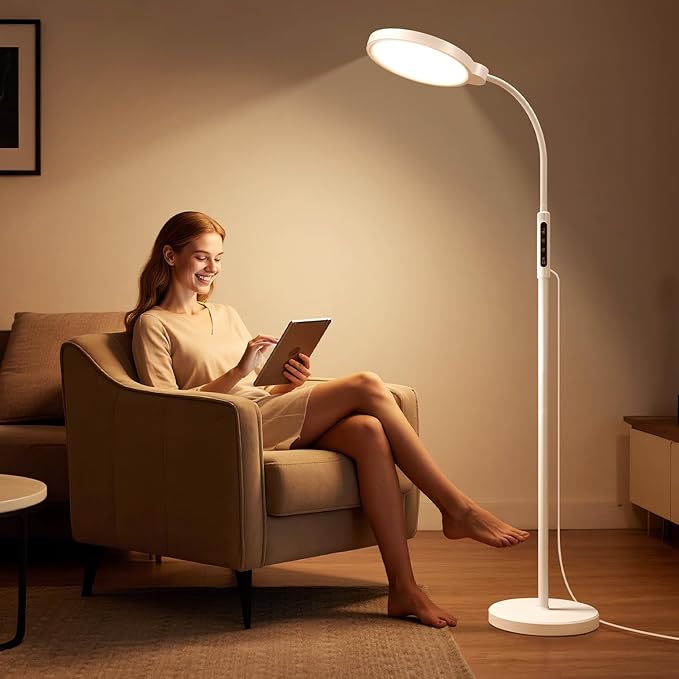 Happy Light Therapy Lamp, 11000 Lux UV-Free Floor Sun Light Lamp with Touch Remote Control, 5 Color Temperatures 10 Brightness Levels Lights for Living Room Bedroom Office