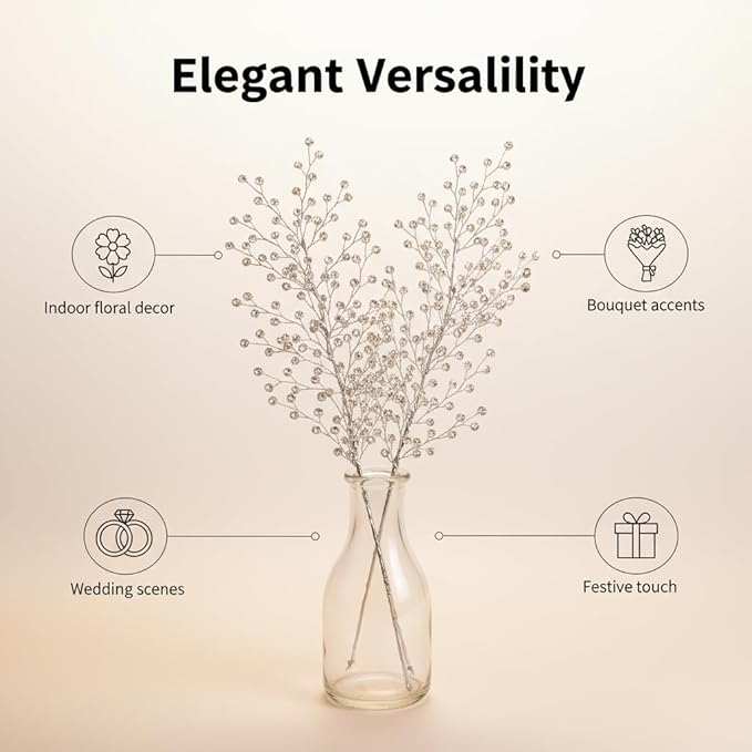 White Crystal Picks Sparkling Glitter Berry Stem Ornaments Festive Christmas Tree Crystal Decorations Vase Fillers Holiday & Wedding Party Decor(K112-silver,1pcs)