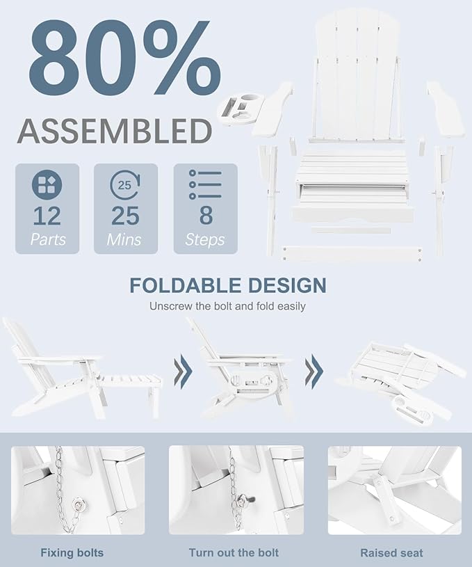 Adjustable Adirondack Chair with Retractable Ottoman Set of 4, HDPE Folding Adirondack Chair with Cup Holder, All Weather Fire Pit Chair for Outdoor.