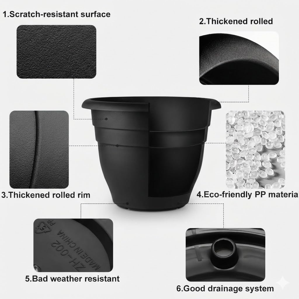 6 Pack 16 Inch Large Plant Pots, Plastic Planters for Outdoor Plants
