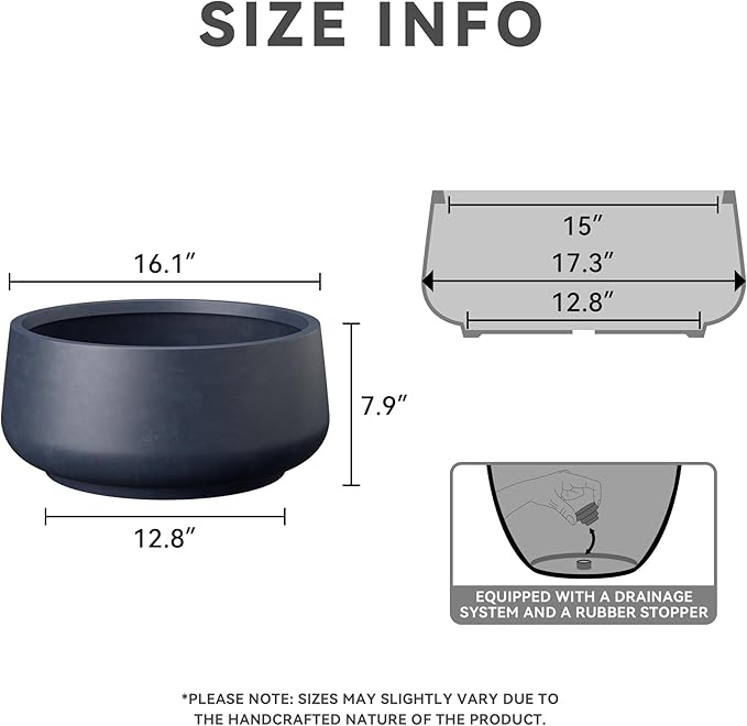 Kante 16.1" Dia Round Curvy Concrete Planter, Large Plant Pots with Drainage Hole and Rubber Plug for Indoor Outdoor Plants, Flower Pot for Home Garden Patio Porch, Charcoal