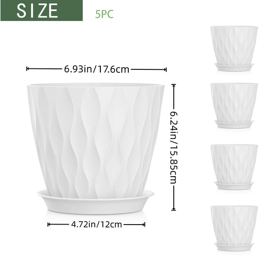 SQKH 7 Inch Plant Pots 5 Pack, Flower Planters with Drainage Holes and Trays,Plastic Pots for Indoor Outdoor Plants,White