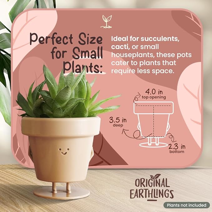 Original Earthlings Standing Pot - 4 Inch Cute Plant Pot - Plastic Funny Planter with Drainage - Unique Cactus Lover Gift - Small Succulent Face Flower Pot - Cute Plant Gifts for Plant Lovers
