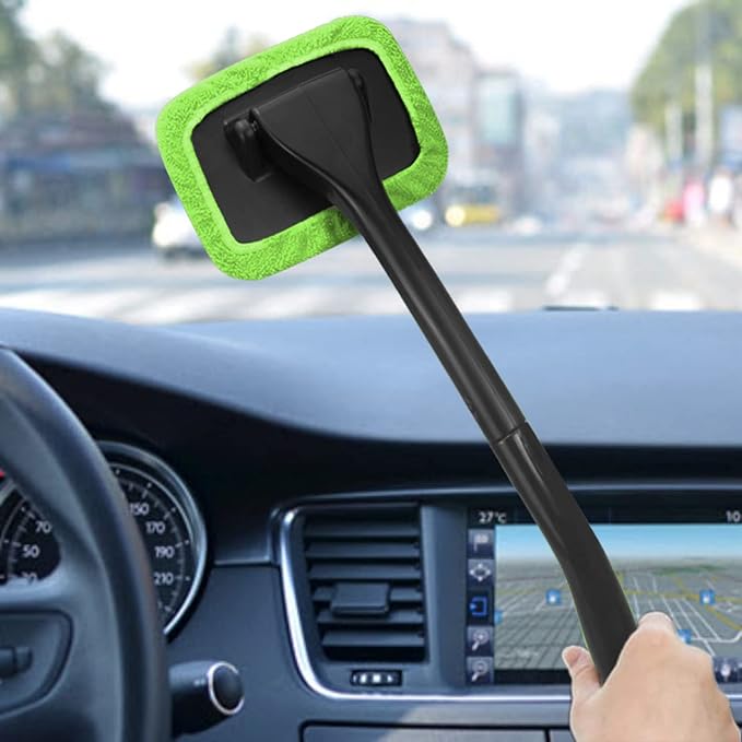 Car Windshield Cleaning Tool, Windshield Cleaner with 4 Washable and Reusable Microfiber Pads and Extendable Handle, for Auto Glass Wiper