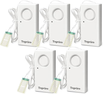 Topvico Water Alarm Leak Detector Moisture Sensor for Basements Sump Pump Dishwasher RV Water Heater Pan High Flood Alert, 120dB Work Alone, Battery Operated, 5 Packs
