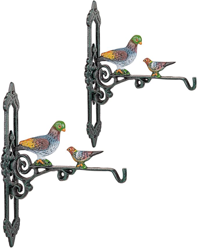 Sungmor Cast Iron Hanging Plant Bracket, 2 Pack Heavy Duty Hanging Basket Brackets, 10" Deep Outdoor Wall Plant Hangers, Decorative Garden Hooks for Flower Basket Bird Feeder Wind Chime Solar Light