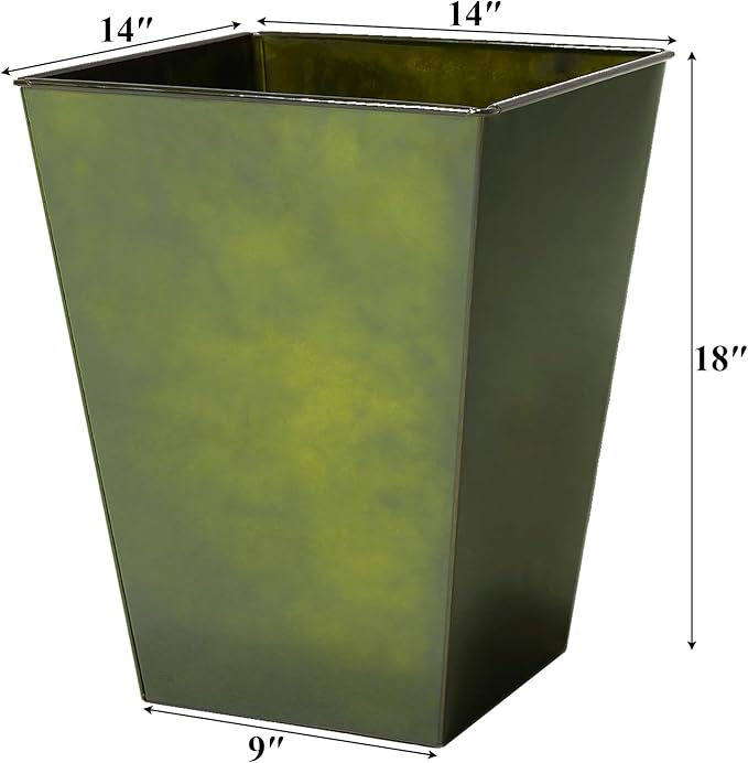 Worth Garden Large Metal Glazed Floor Planter Set of 2-14" Dia x 18" H - Luxurious Glossy Finish Green Tall Square Tapered Steel Plant Pots, Decor Flower Pot Indoor & Outdoor, Drainage Hole