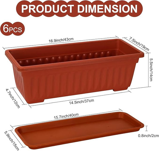 6 Packs Window Box Planter, 17 Inches Flower Window Box Rectangular Plastic Vegetable Planters with Trays for Windowsill, Patio, Garden, Balcony, Brick Red