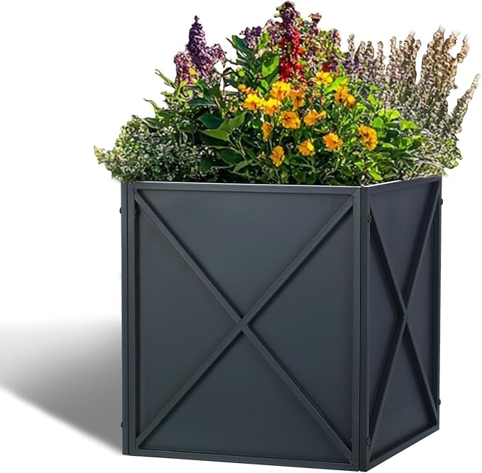 SUNNYPARK Large Metal Planter Box 17”x 17”x 18”, Square Modern Grey Metal Planter Box Heavy Duty with Drainage Holes for Outdoor Garden Patio