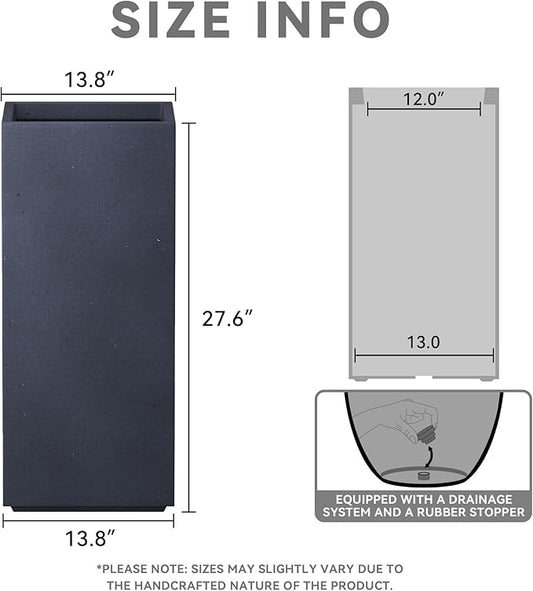 Kante 27.6" H Tall Rectangular Concrete Planter, Modern Square Diameter Plant Pot with Drainage Hole and Rubber Plug for Indoor Outdoor Home Patio Garden, Charcoal