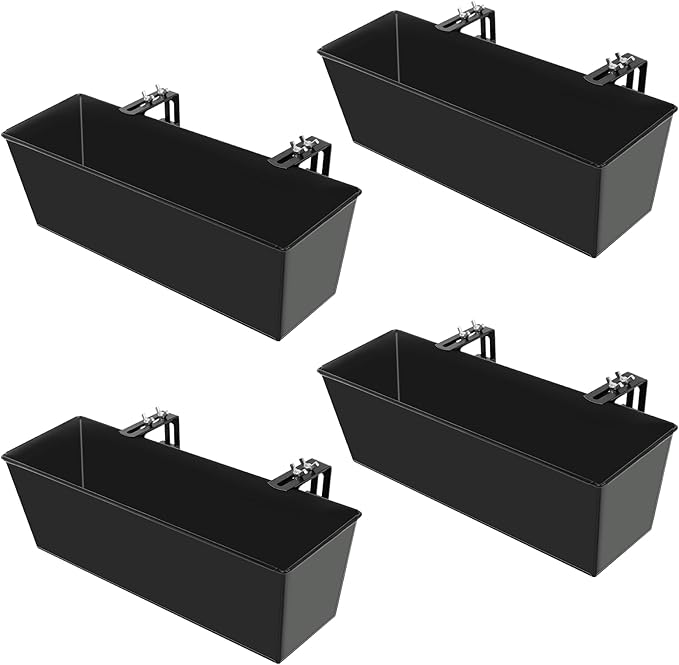 Railing Planter for Outdoor Plants 16 Inch Metal Rectangular Window Boxes with Adjustable Brackets and Drainage Hanging Flower Pots for Balcony Deck Railings Apartment Patio Decor Black(4PCS)