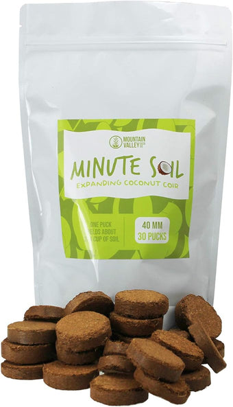 Minute Soil - Compressed Coco Coir Fiber Grow Medium - 40 MM Wafers - Bag of 30 = 5.5 Quarts of Potting Soil - Indoor Container Gardening: Seed Starts, Wheatgrass, More - Just Add Water - OMRI Organic