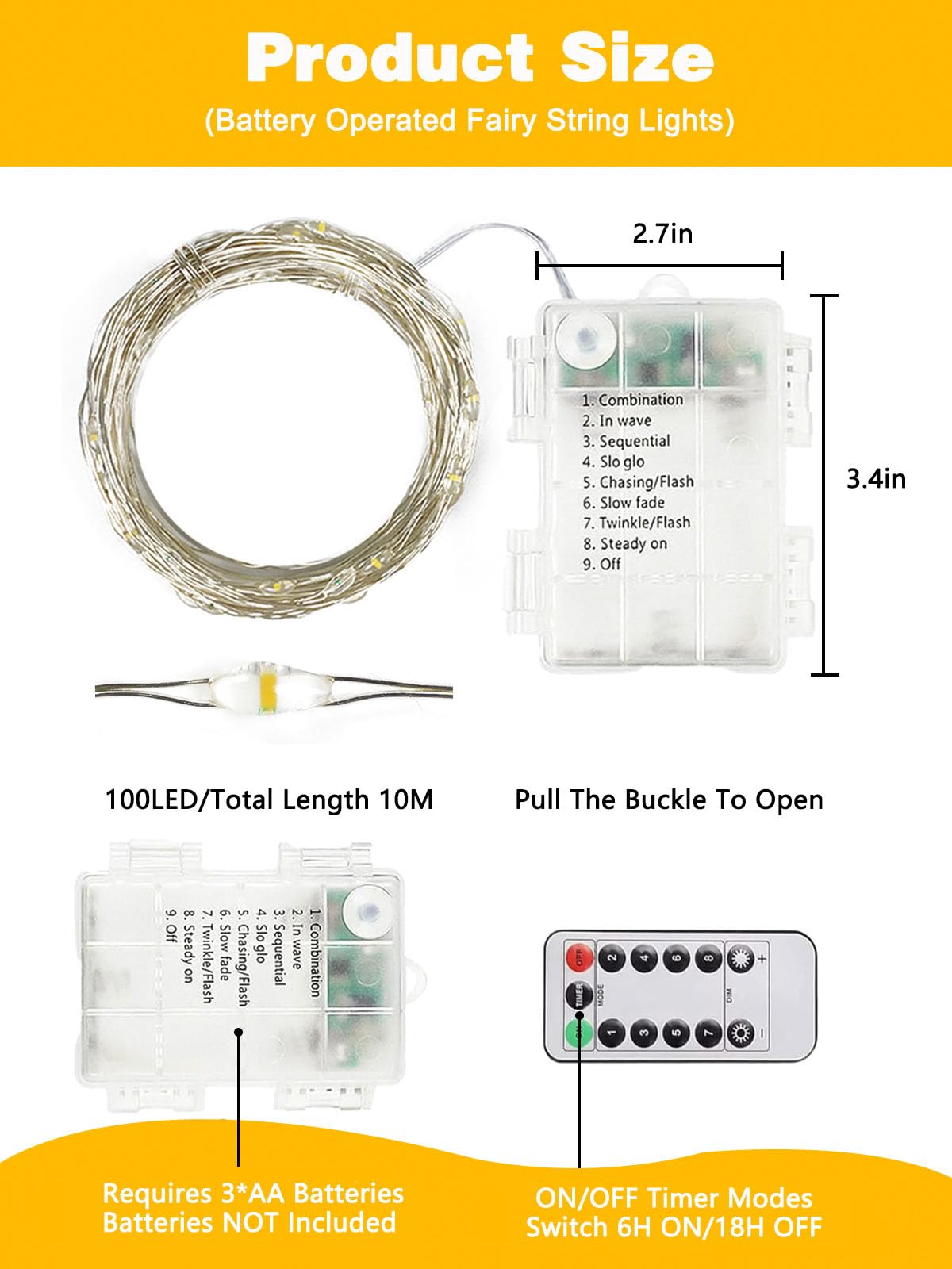 2 Pack 100 LED Fairy Lights Battery Operated with Remote, 33 FT Warm White