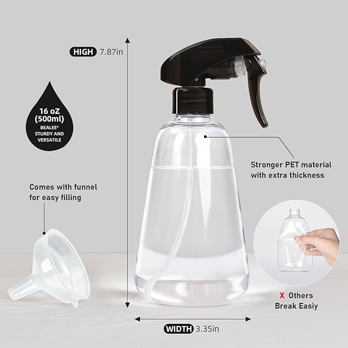 Bealee Spray Bottle 2 Pack, 16oz - Ultra Fine Mist, Plant Mister Hair Misting Empty Spray Bottles Indoor, Leak Proof Water Sprayer for Planting, Hair Care, Essential Oils, Cleaning Solutions (Clear)