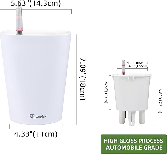 Dexceder 6x7 Self Watering Planter Indoor Outdoor, High Gloss Table Flower Plant Pot with Water Level Indicator (White)