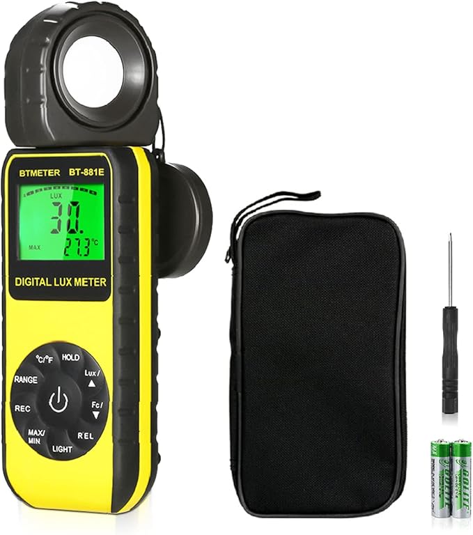 BTMETER BT-881E Digital Illuminance/Light Meter, Measure Lights 0.01~300,000 Lux (0.01~30,000 FC) Foot Candles, Par Meter Luxmeter for Plants Aquarium Light Tester
