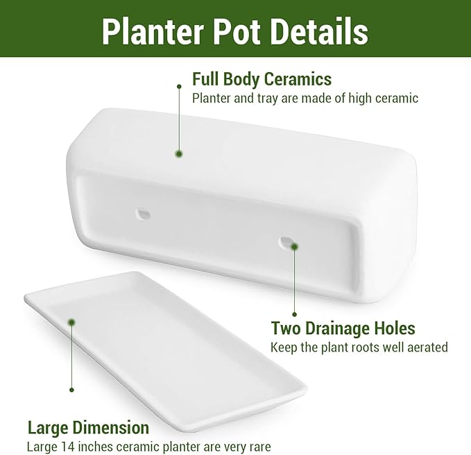 MyGift 14 Inch Ceramic Indoor Plant Pot with Drainage Hole, Rectangular Succulent Planter Window Box with Removable Saucer, Unglazed White