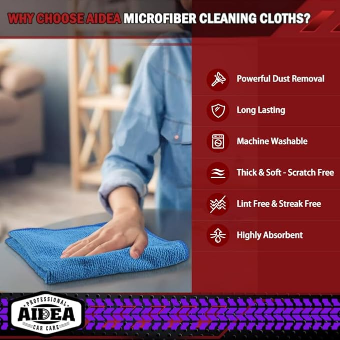 AIDEA Microfiber Cleaning Cloth 10PK, Micro Fiber Cloth for Cleaning Cars, Premium All Purpose Car Towels, Dusting Cloth Cleaning Rags SUVs, House, Kitchen, Window, Workshops, 12"×12"