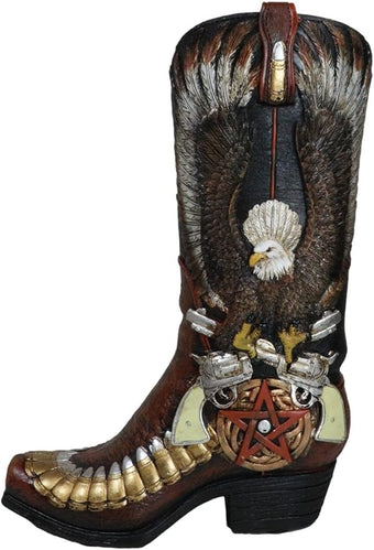 Ebros Gift Rustic Country Western Wild West Bald Eagle with Open Wings Clutching Crossed Revolver Guns and Pentagram Star Faux Tooled Leather Cowboy Boot Decorative Flower Vase Or Planter Figurine