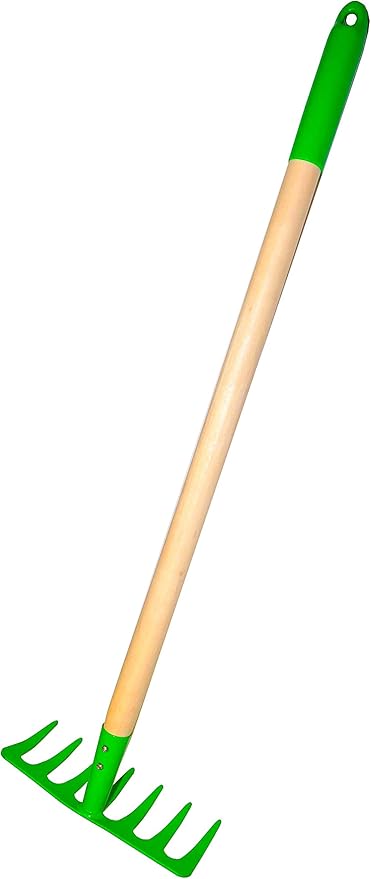 JustForKids Kids Garden Tool Set Toy, Rake, Spade, Hoe and Leaf Rake, reduced size , made of sturdy steel heads and real wood handle, 4-Piece, Multicolored, 5yr+