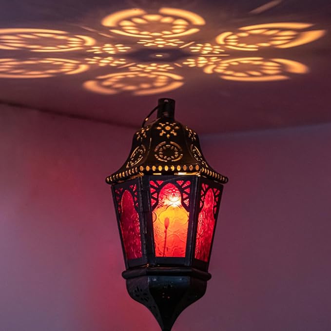 DECORKEY Ramadan Decorations, Lantern Decorative Indoor & Outdoor, 13.6’’ Moroccan Vintage Decorative Hanging Lantern with Chian for Home Porch Patio Decor, Metal Christmas Candle Holders(Rose Red)