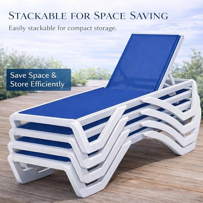 Kozyard Outdoor Chaise Lounge Chair, Full Flat Adjustable Patio Lounger with Aluminum Frame & Resin Legs, Textilene Fabric for Poolside, Backyard & Beach (Blue, 2Chairs with Table)