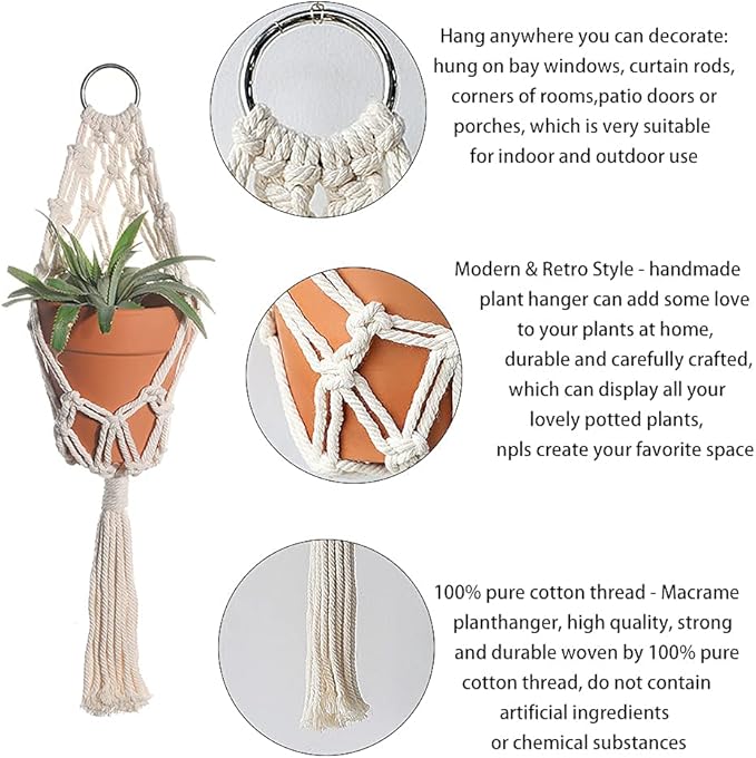 Artilady Boho Macrame Plant Hangers - Handmade Hemp Rope Hanging Baskets for Indoor Plants with Ceiling Hooks, Bohemian Home Decor Outdoor Wall Art (White Hanger)
